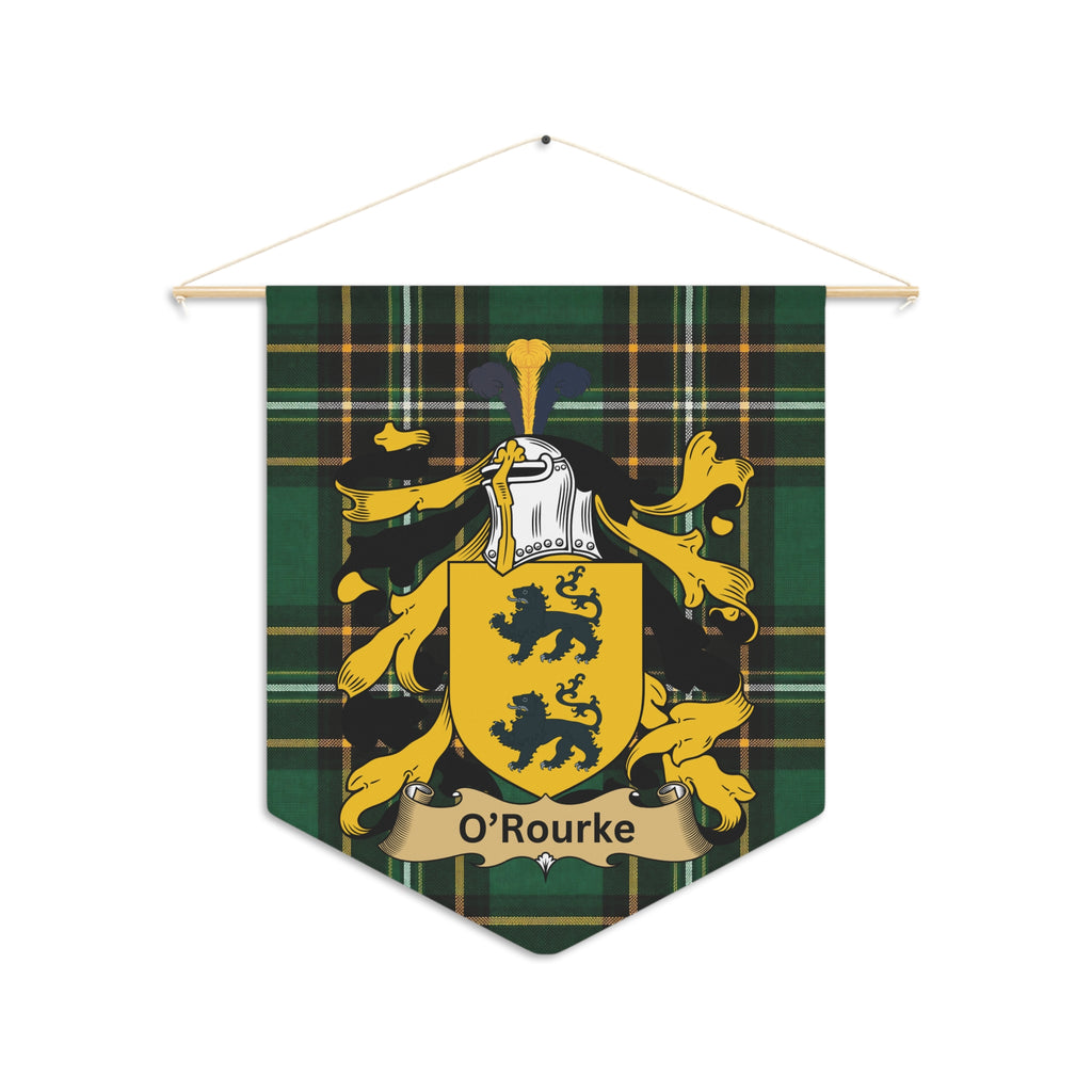 O'Rourke family crest on green tartan banner with heraldic elements.