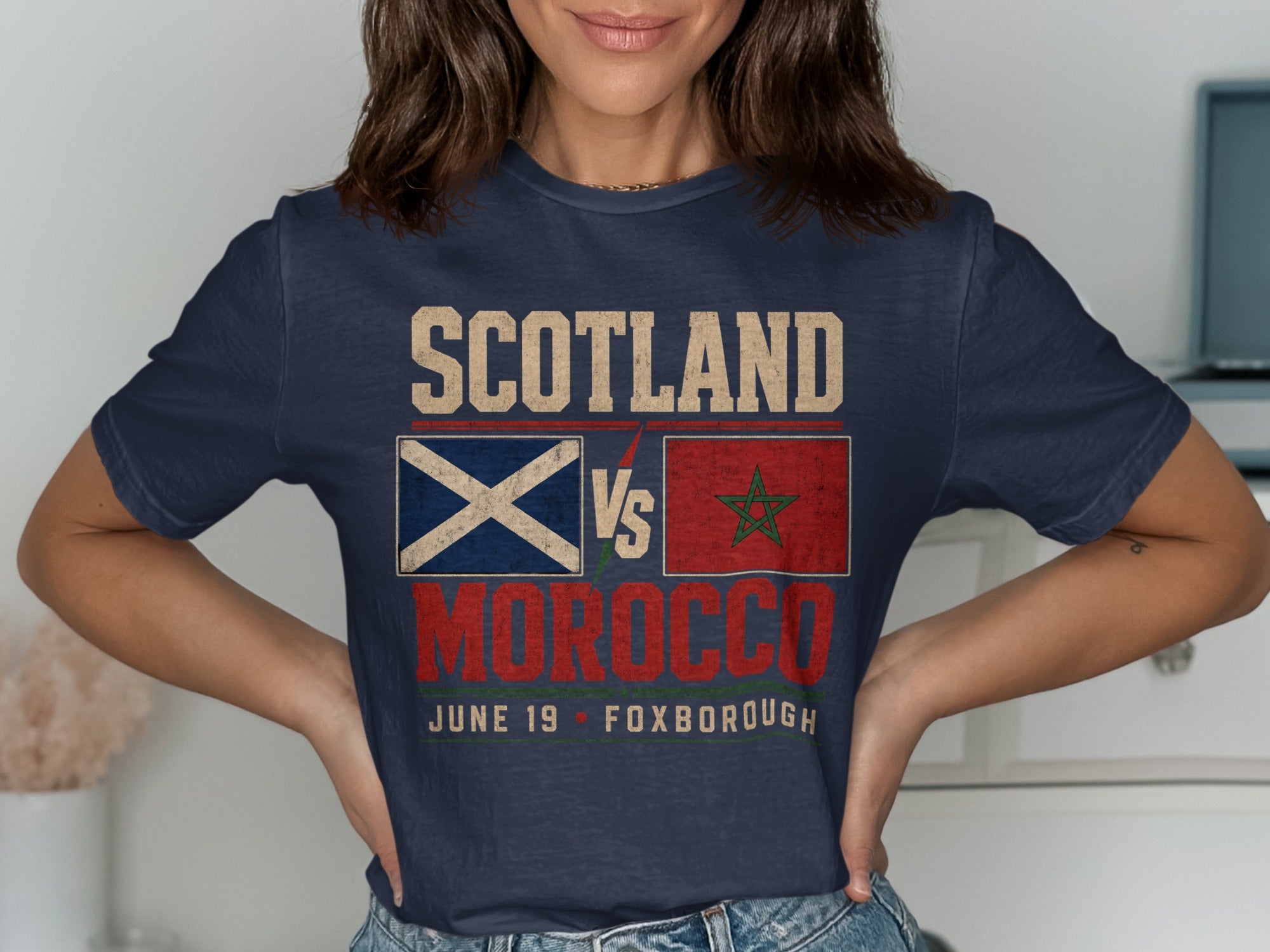 Scotland vs Morocco t-shirt with flags, date, and location.