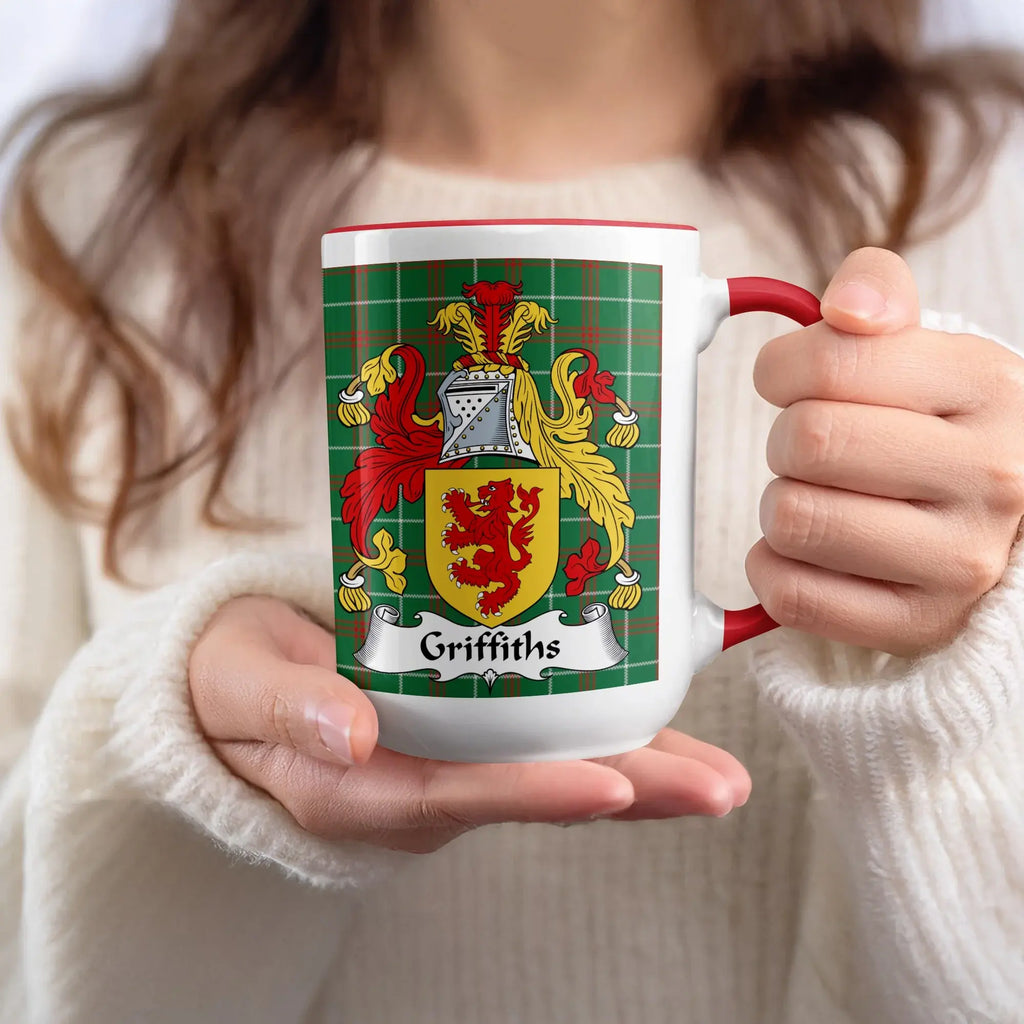 Griffiths Welsh family name mug with red rim and coat of arms on tartan background