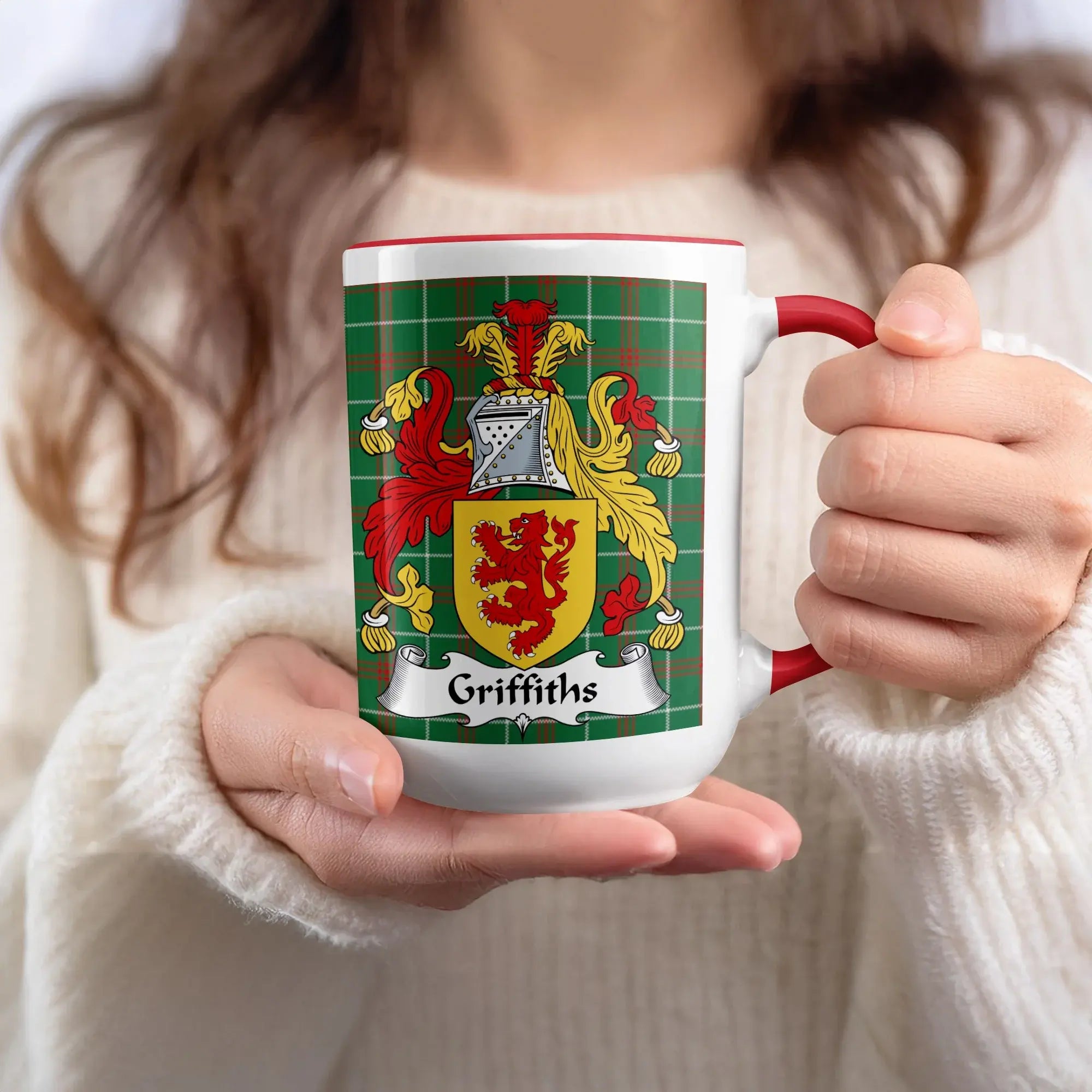 Griffiths Welsh family name mug with red rim and coat of arms on tartan background
