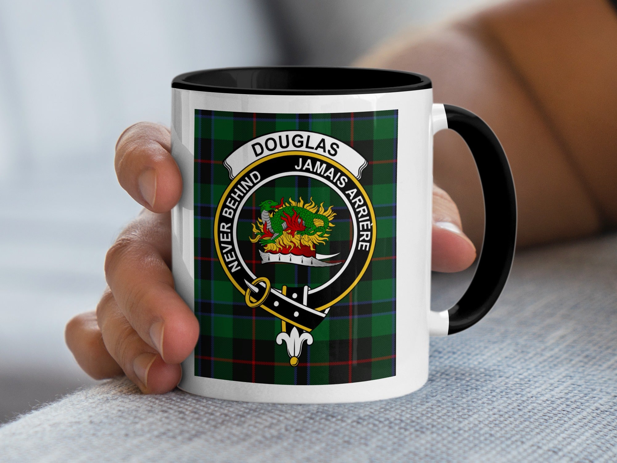 Douglas clan crest tartan mug with black interior and handle — 11oz ceramic