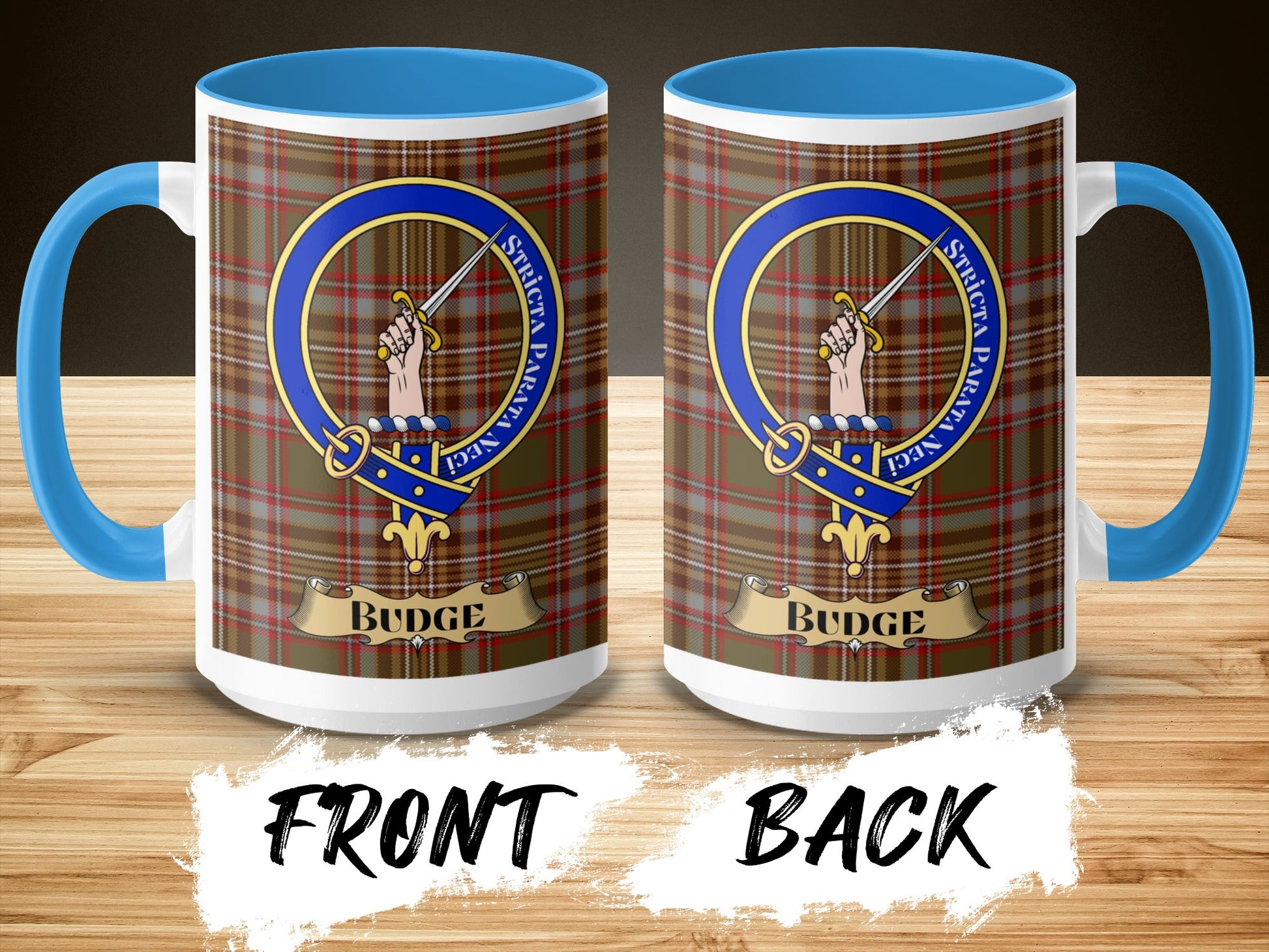 Budge Family Crest Design Tartan Pattern Mug - Living Stone Gifts