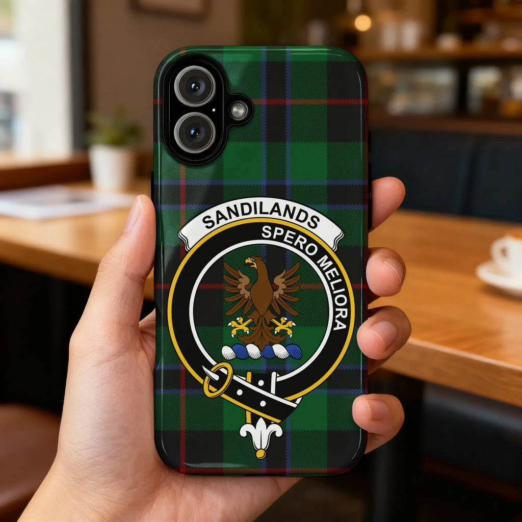 Clan Sandilands Spero Meliora tartan phone case — UV-resistant, precise port cutouts, polycarbonate shell