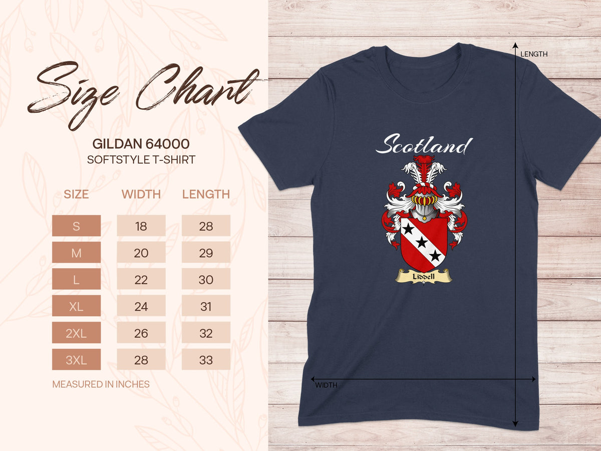Gildan 64000 size chart for the Liddell unisex T-shirt, sizes S to 3XL