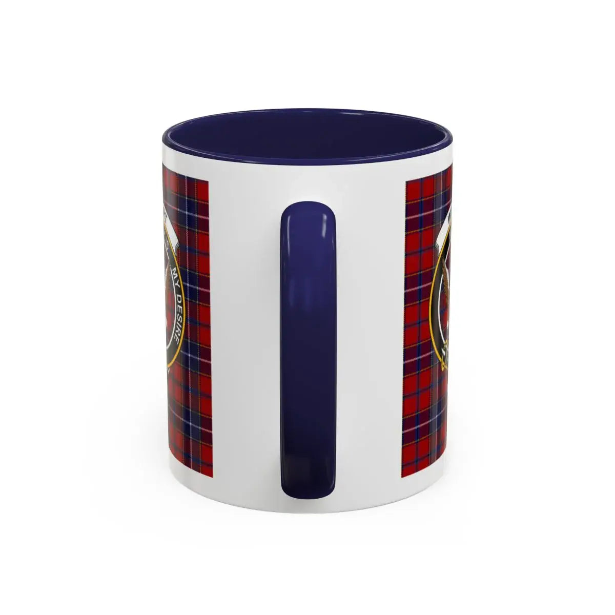 Red and Blue Tartan Plaid Mug with Crest Design