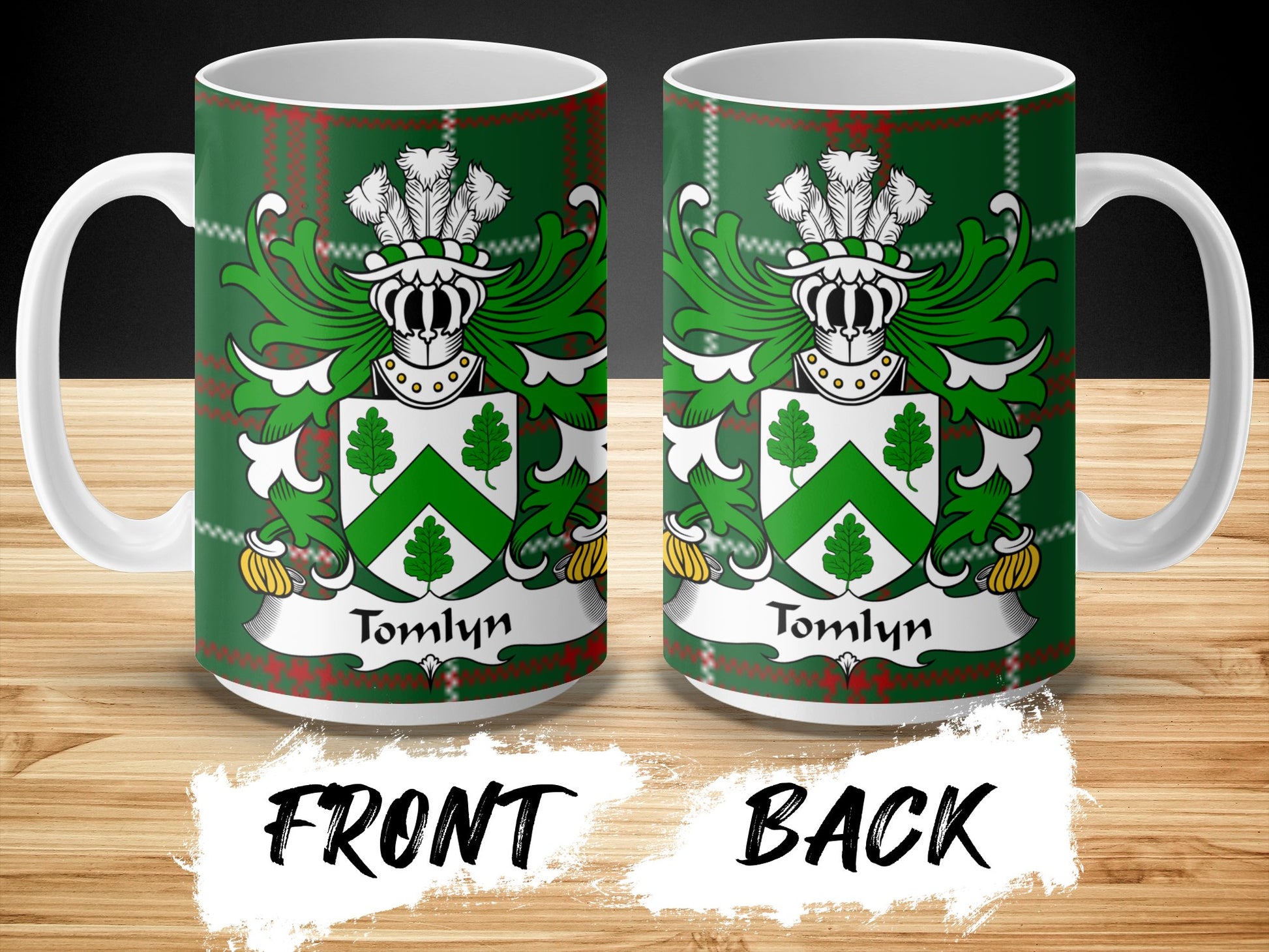 Tomlyn Welsh Surname Tartan Background Coat of Arms Mug - Living Stone Gifts