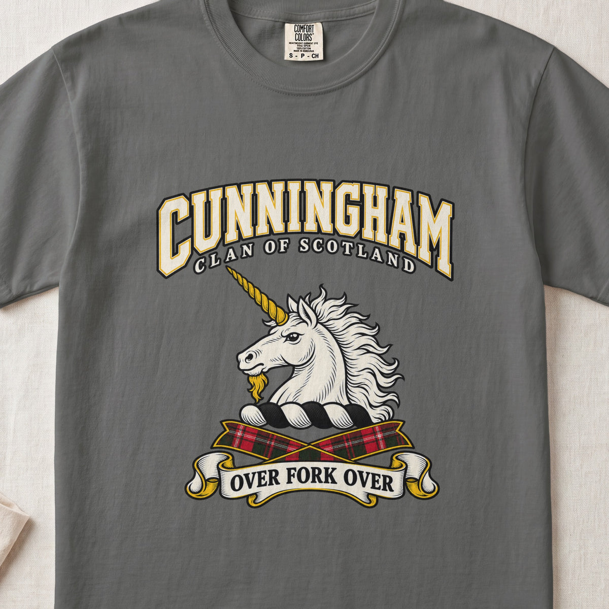 Cunningham Scottish clan graphic T-shirt in Pepper, front view