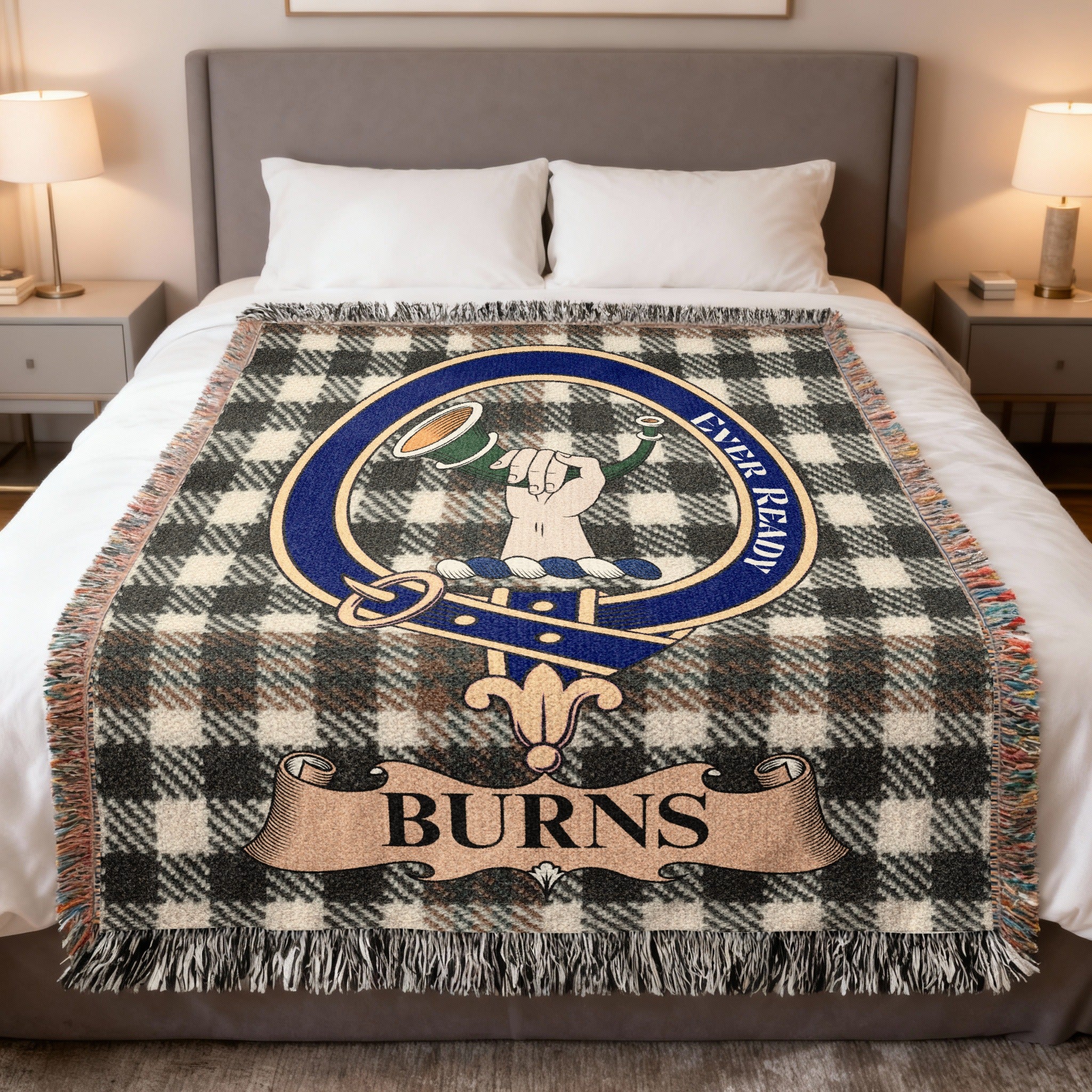 Burns clan crest tartan woven blanket — 100% cotton with fringe edges
