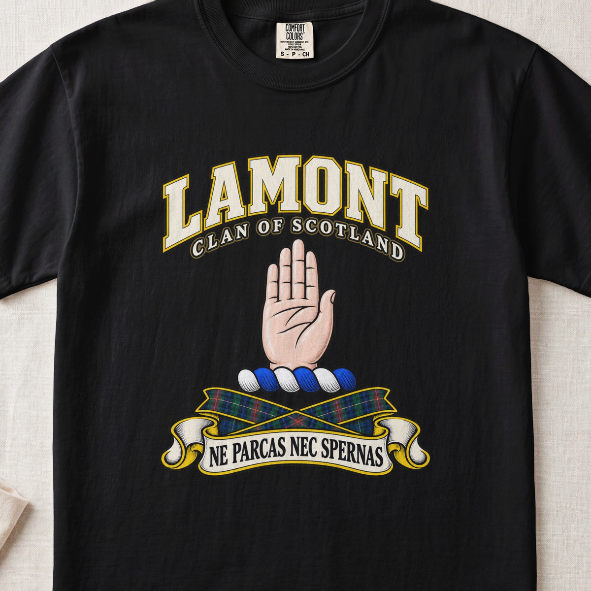 Lamont Scottish clan T-shirt in Black, front view with a raised open hand and motto banner.