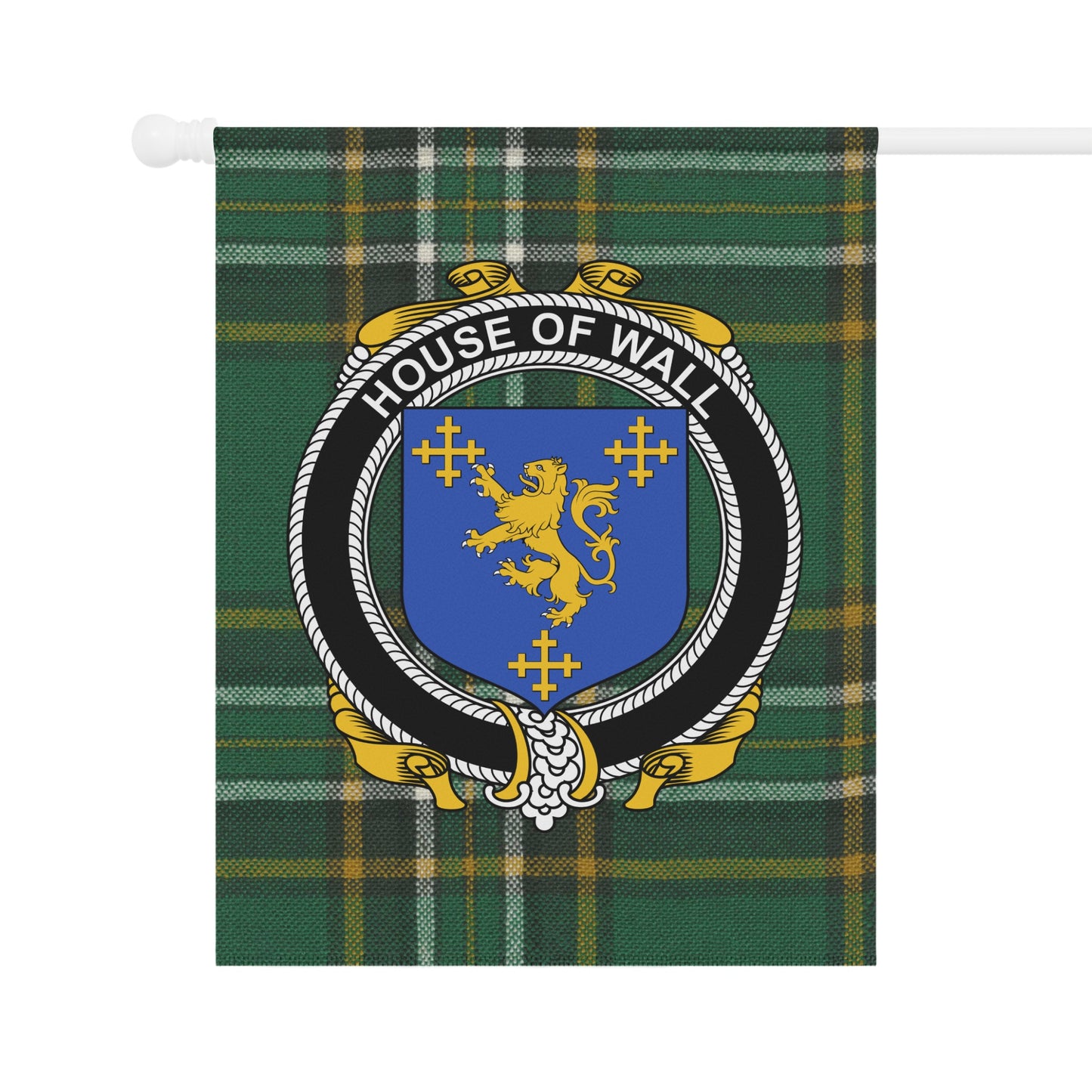 House of Wall Green Plaid Flag with Lion Crest Design
