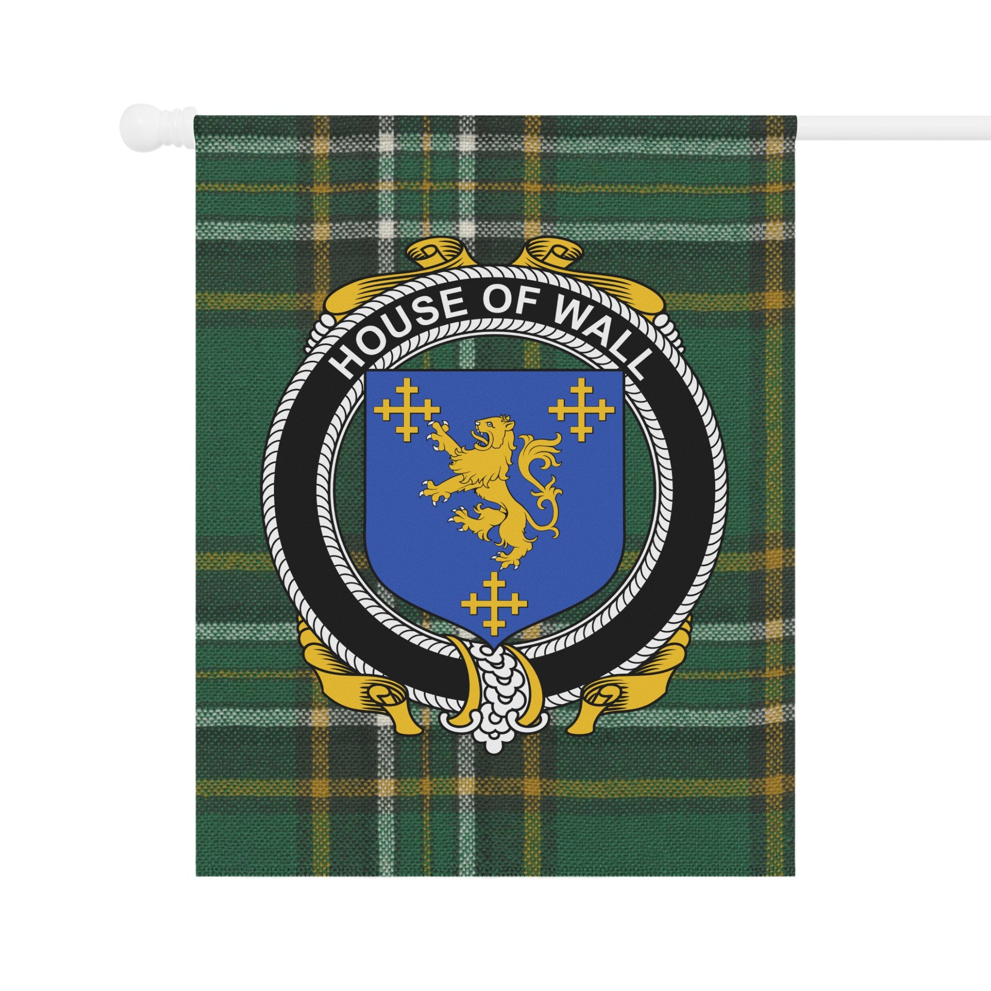 House of Wall Green Plaid Flag with Lion Crest Design