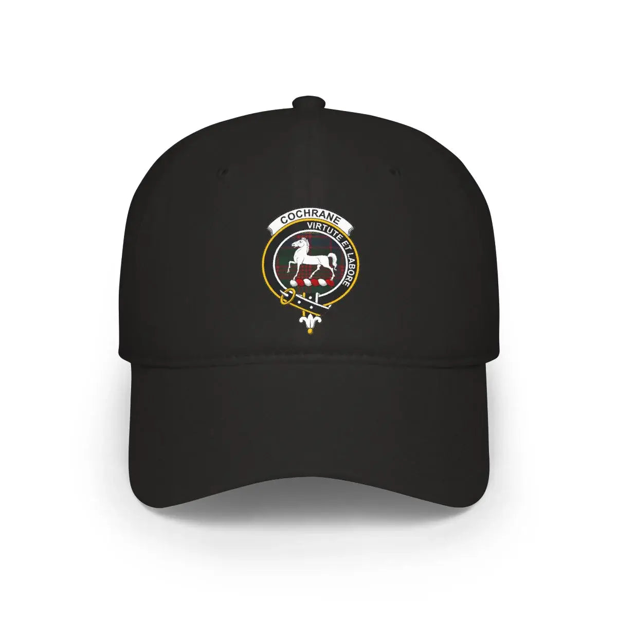 Clan Cochrane virtute et labore horse crest cap in black — low-profile cotton clan hat