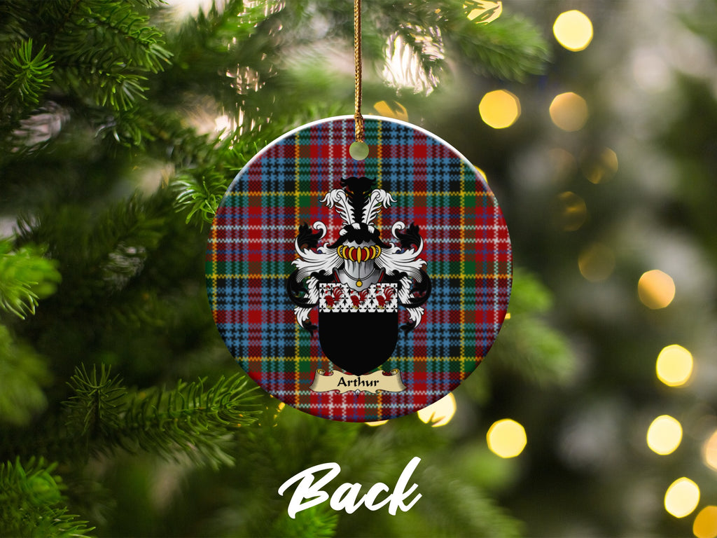 Double-sided Arthur ceramic ornament with family shield and Caledonia tartan background