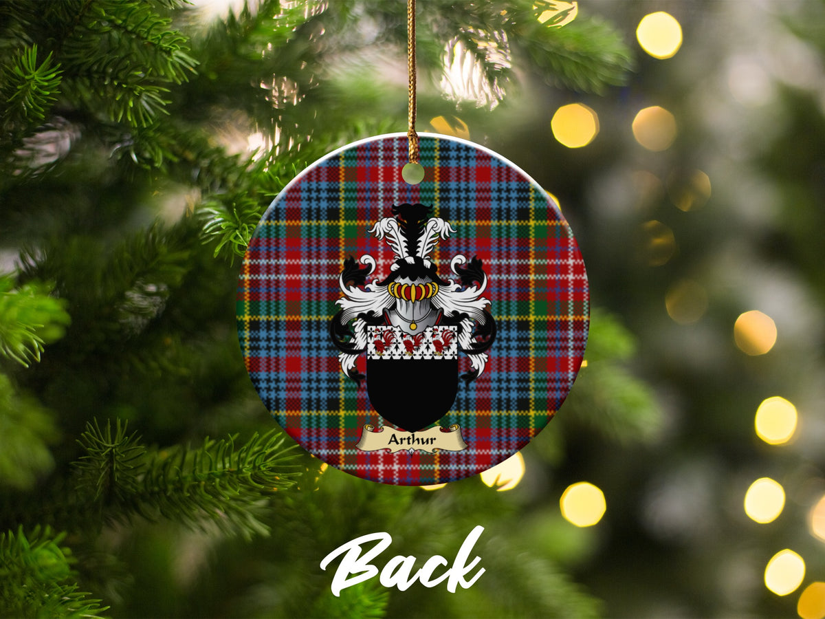 Double-sided Arthur ceramic ornament with family shield and Caledonia tartan background