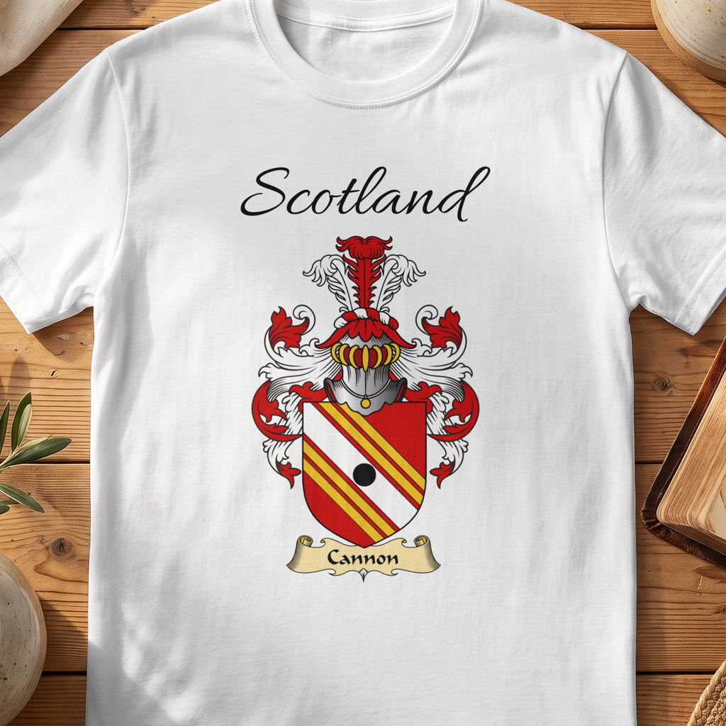 White Cannon Scottish family shield T-shirt featuring red-and-gold diagonal stripes with a black roundel