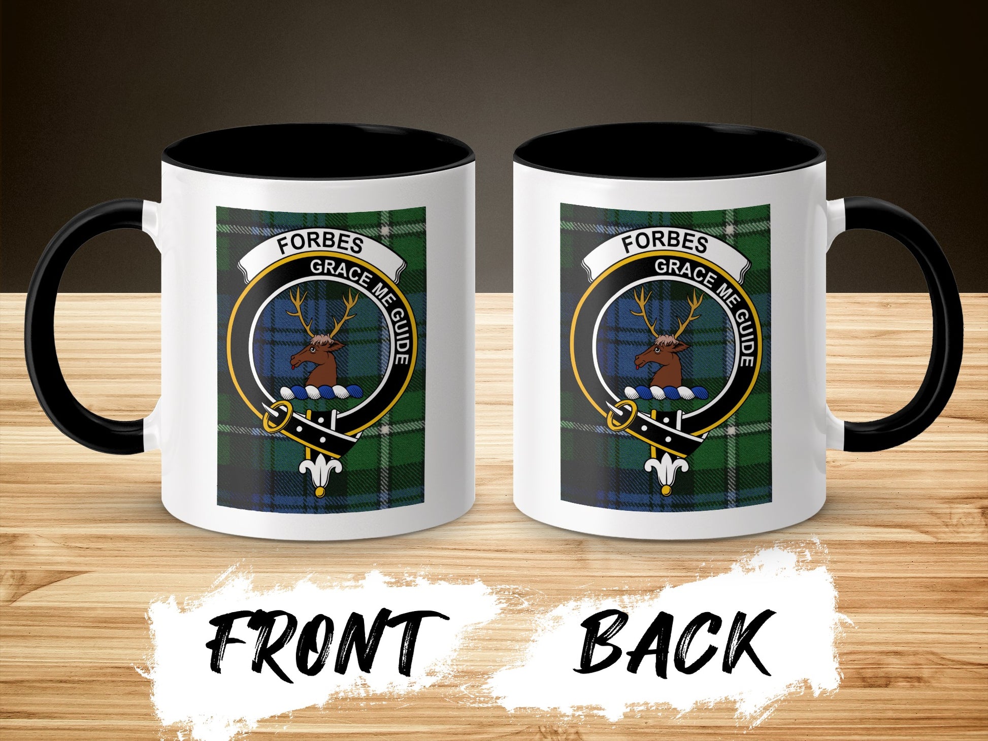 Two white mugs with a Forbes tartan shield and slogan, front and back views.