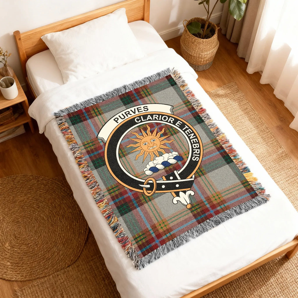Purves Clan Tartan Blanket with Family Crest Design