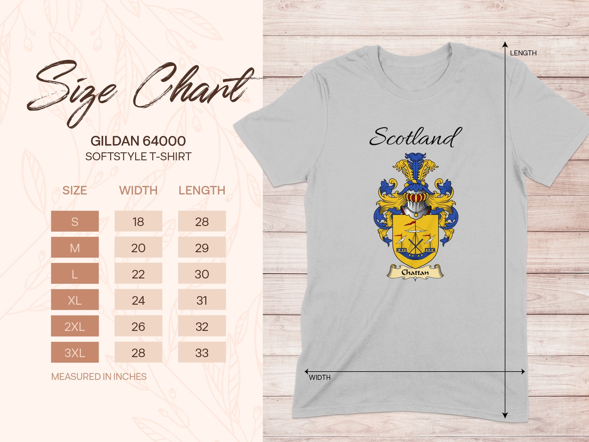 Gildan 64000 size chart for softstyle t-shirts, displaying measurements in inches.
