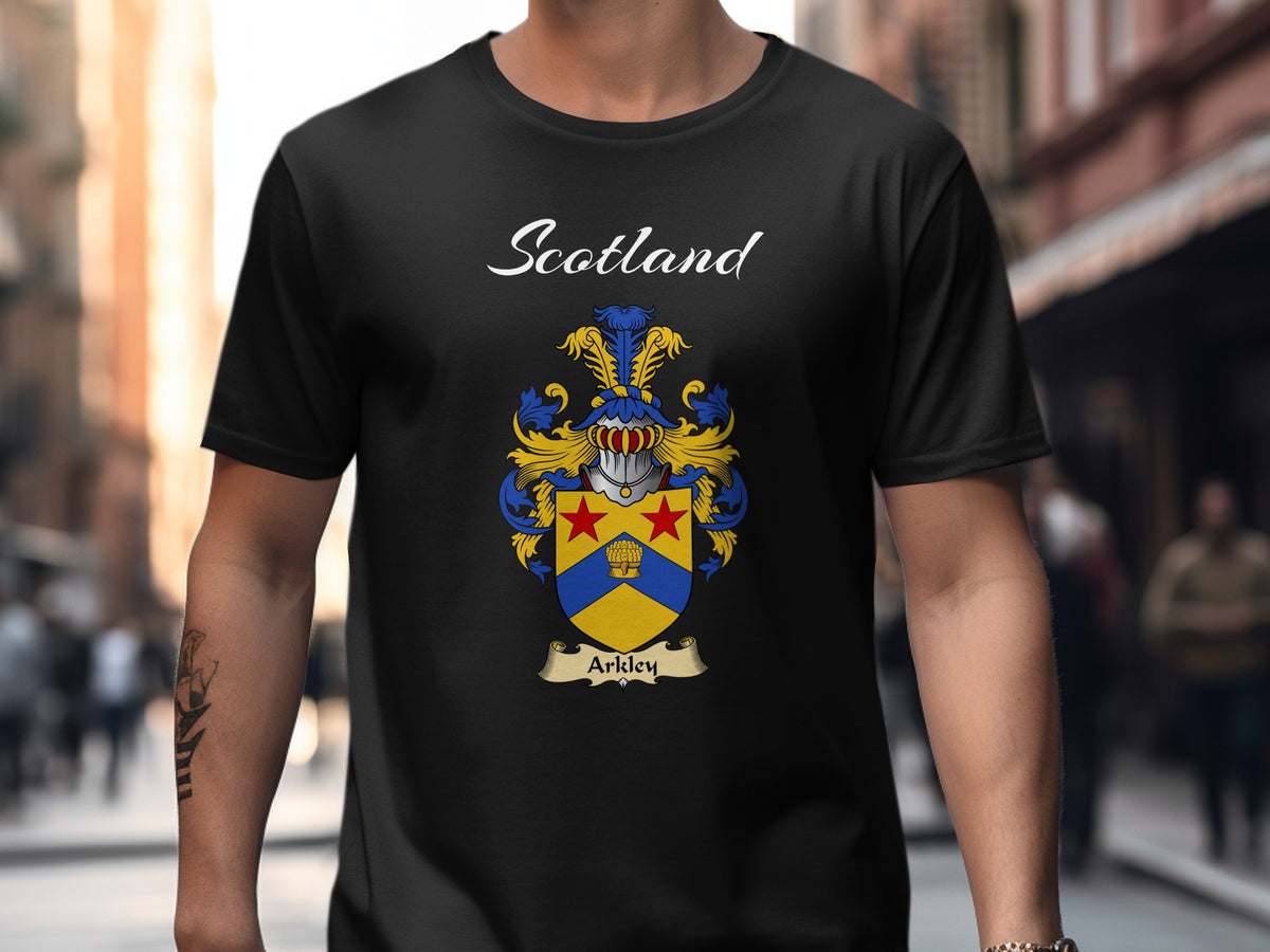 Arkley Scottish family shield design on Black T-shirt