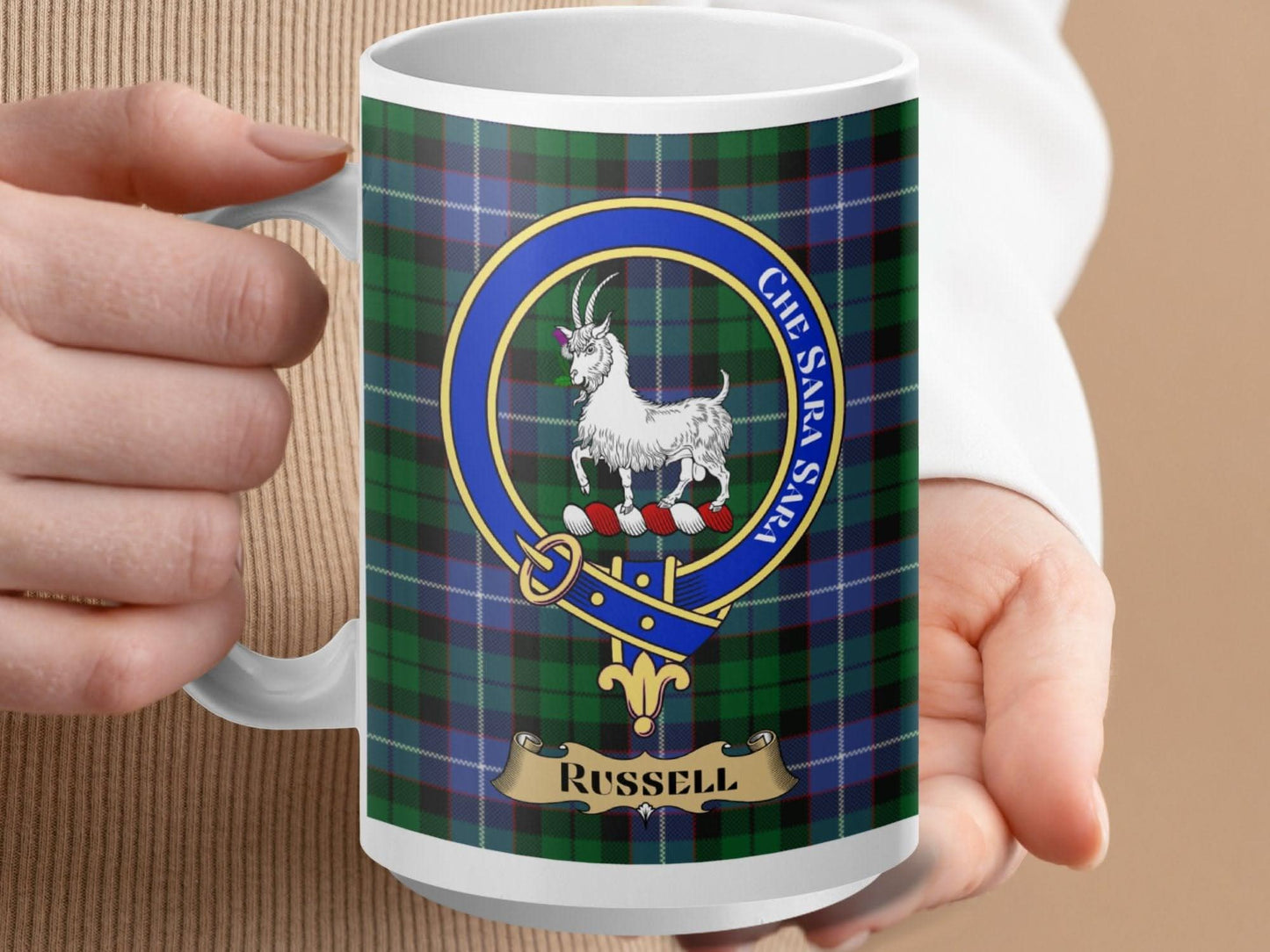 Russell Coat of Arms Clan Tartan Mug personalized product