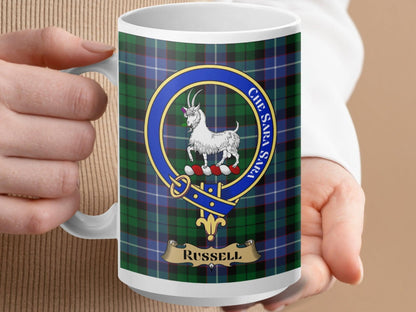 Russell Coat of Arms Clan Tartan Mug personalized product