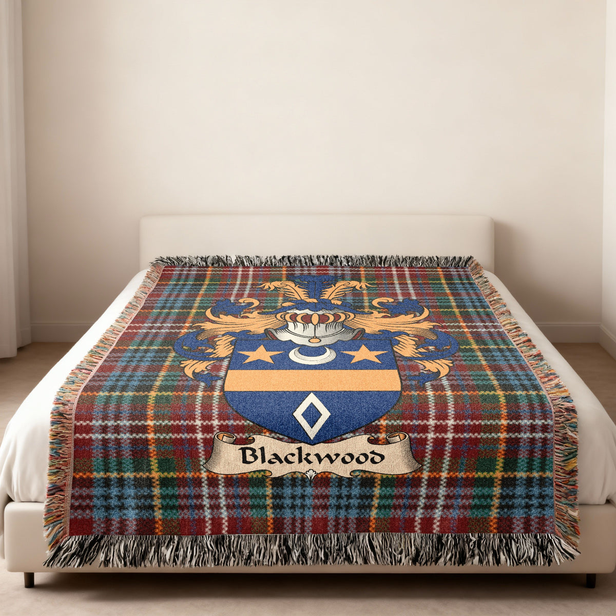 Blackwood Caledonia tartan heritage woven throw blanket with family shield