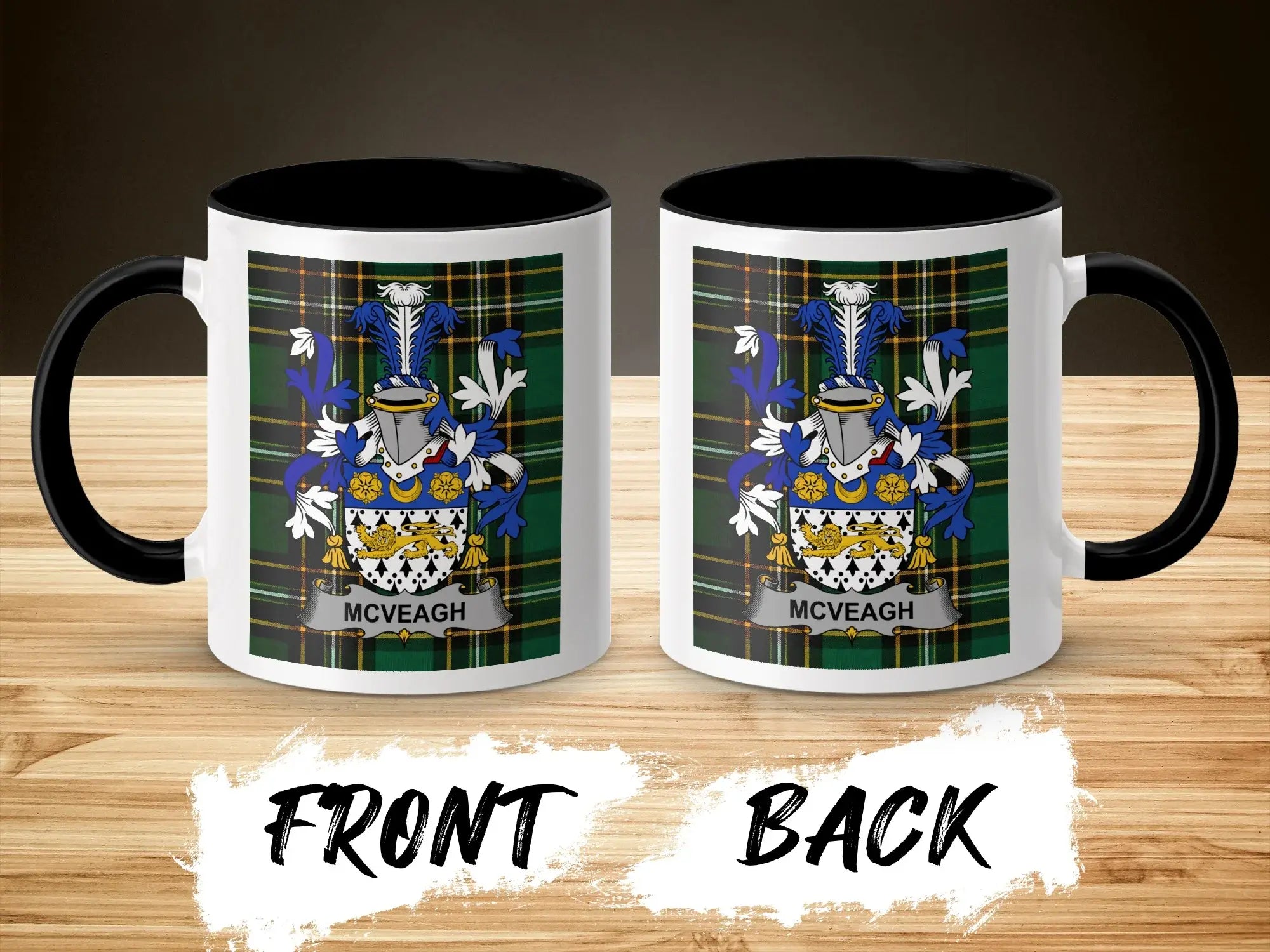 Black mug with McVeagh coat of arms on tartan background, front and back views.