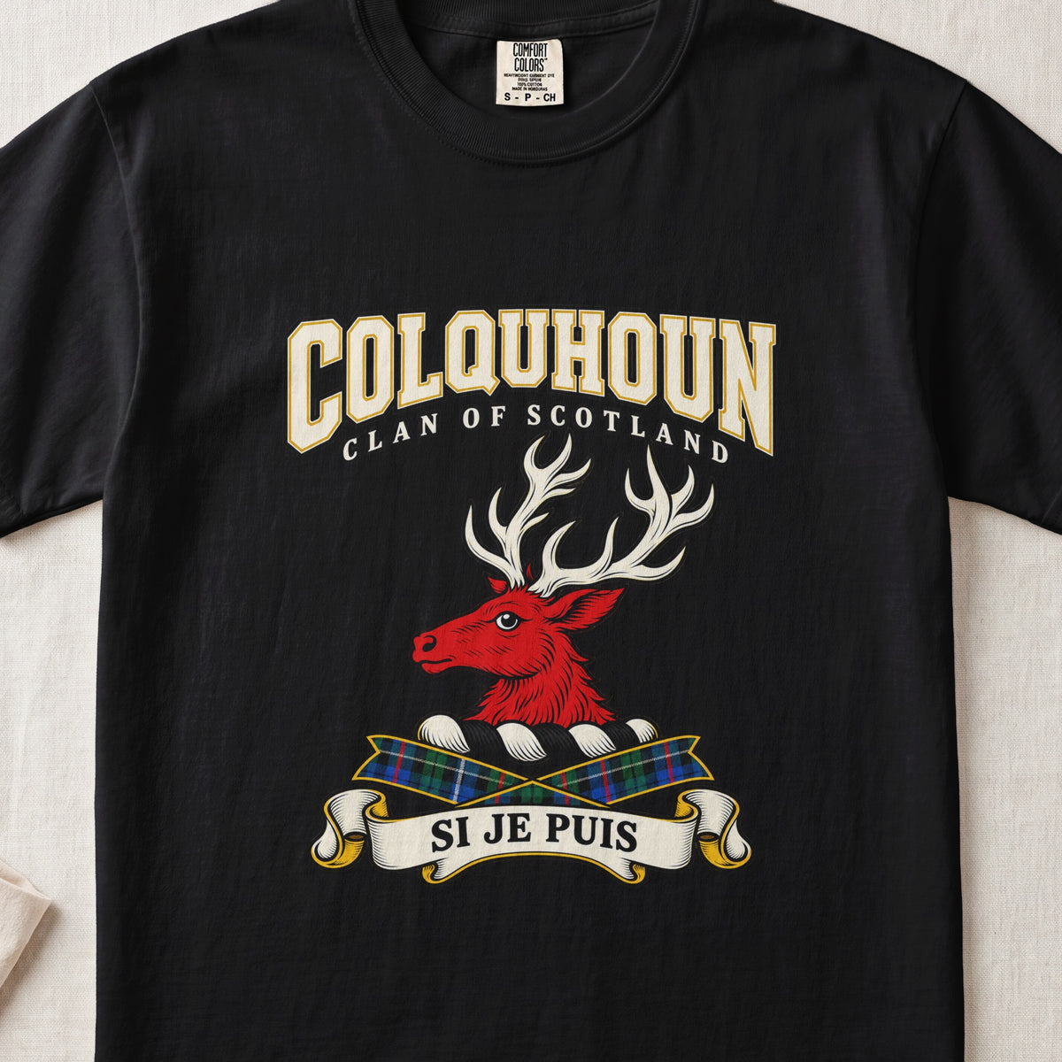 Colquhoun Scottish clan graphic T-shirt in Black, front view