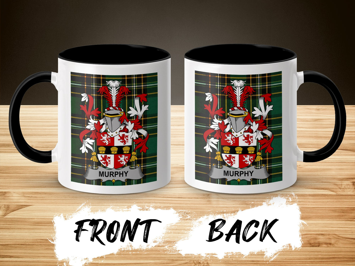 Mug with Murphy coat of arms on plaid background, front and back view.