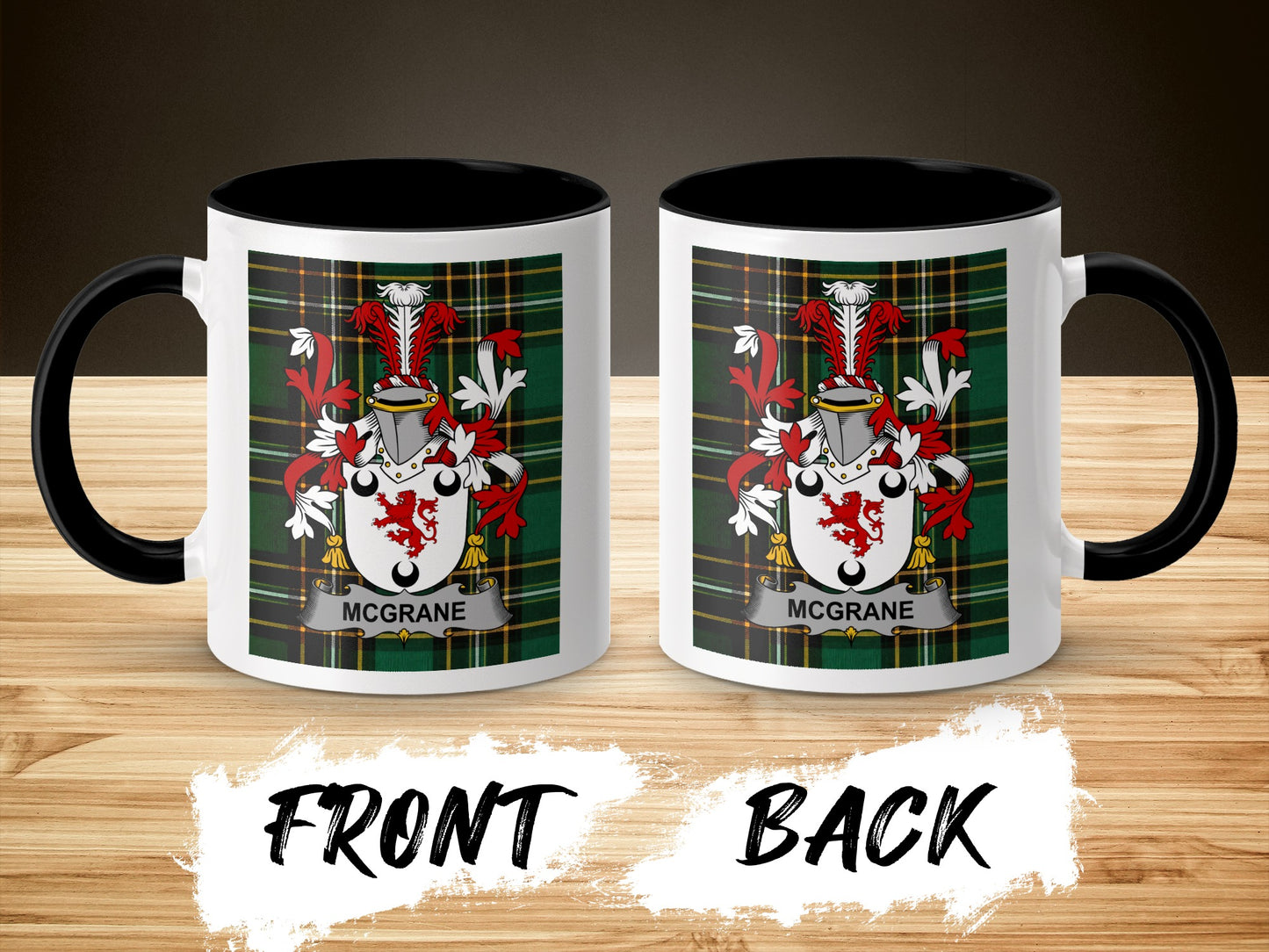 Two mugs with a Mcgrane crest on a tartan background.