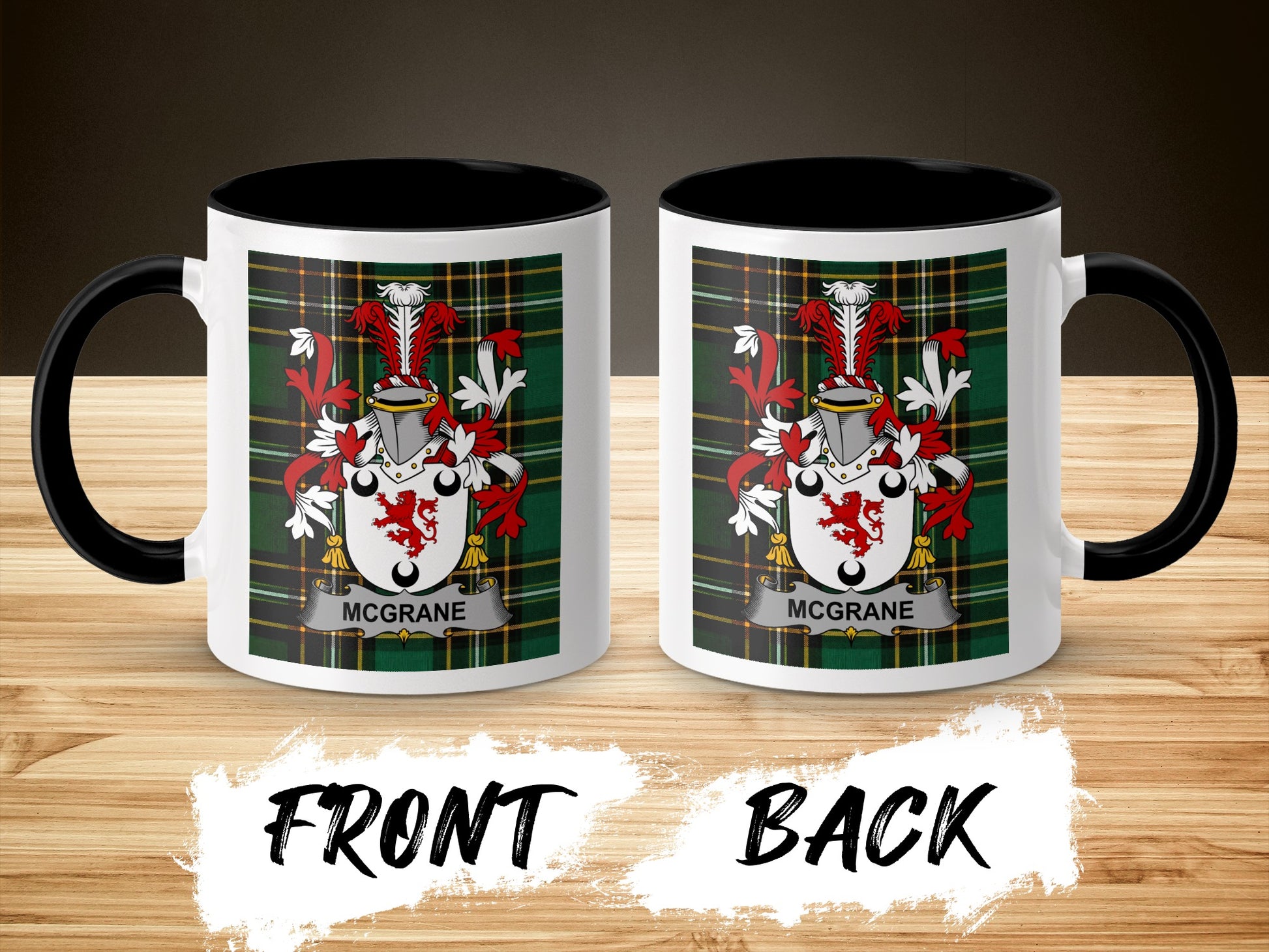 Two mugs with a Mcgrane crest on a tartan background.