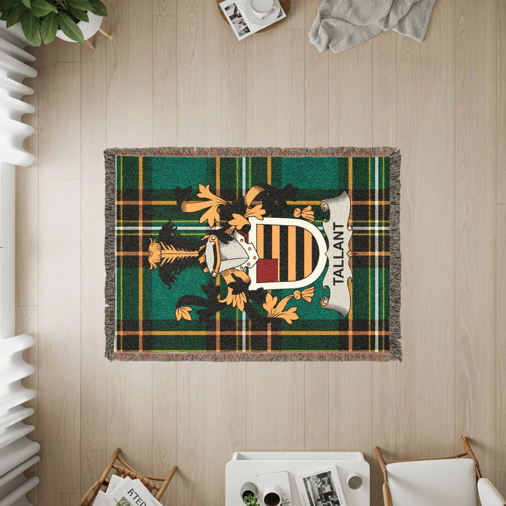 TALLANT family crest woven throw blanket with tartan pattern.
