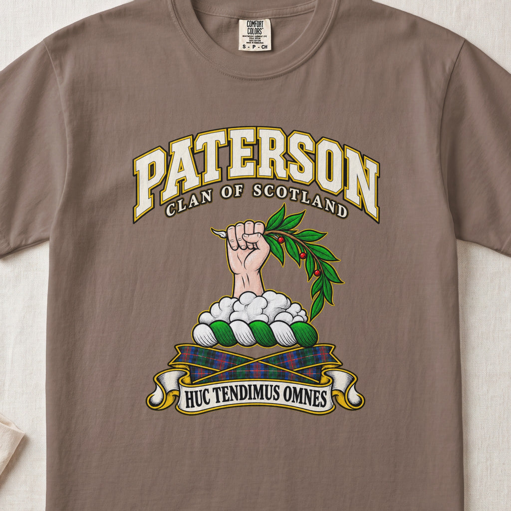 Paterson Scottish clan T-shirt in Espresso, front view with a hand emerging from clouds and holding a leafy branch and motto banner.