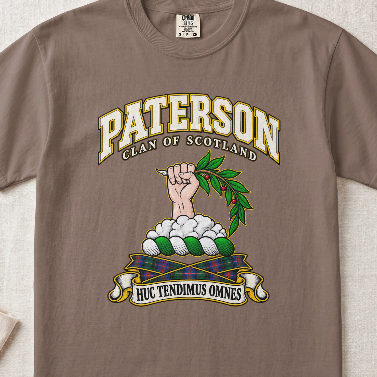 Paterson Scottish clan T-shirt in Espresso, front view with a hand emerging from clouds and holding a leafy branch and motto banner.