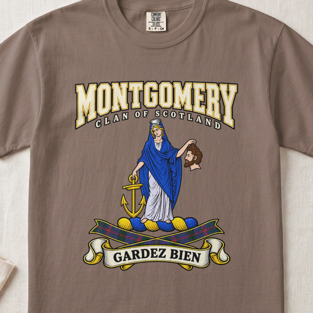 Montgomery Scottish clan graphic T-shirt in Espresso, front view