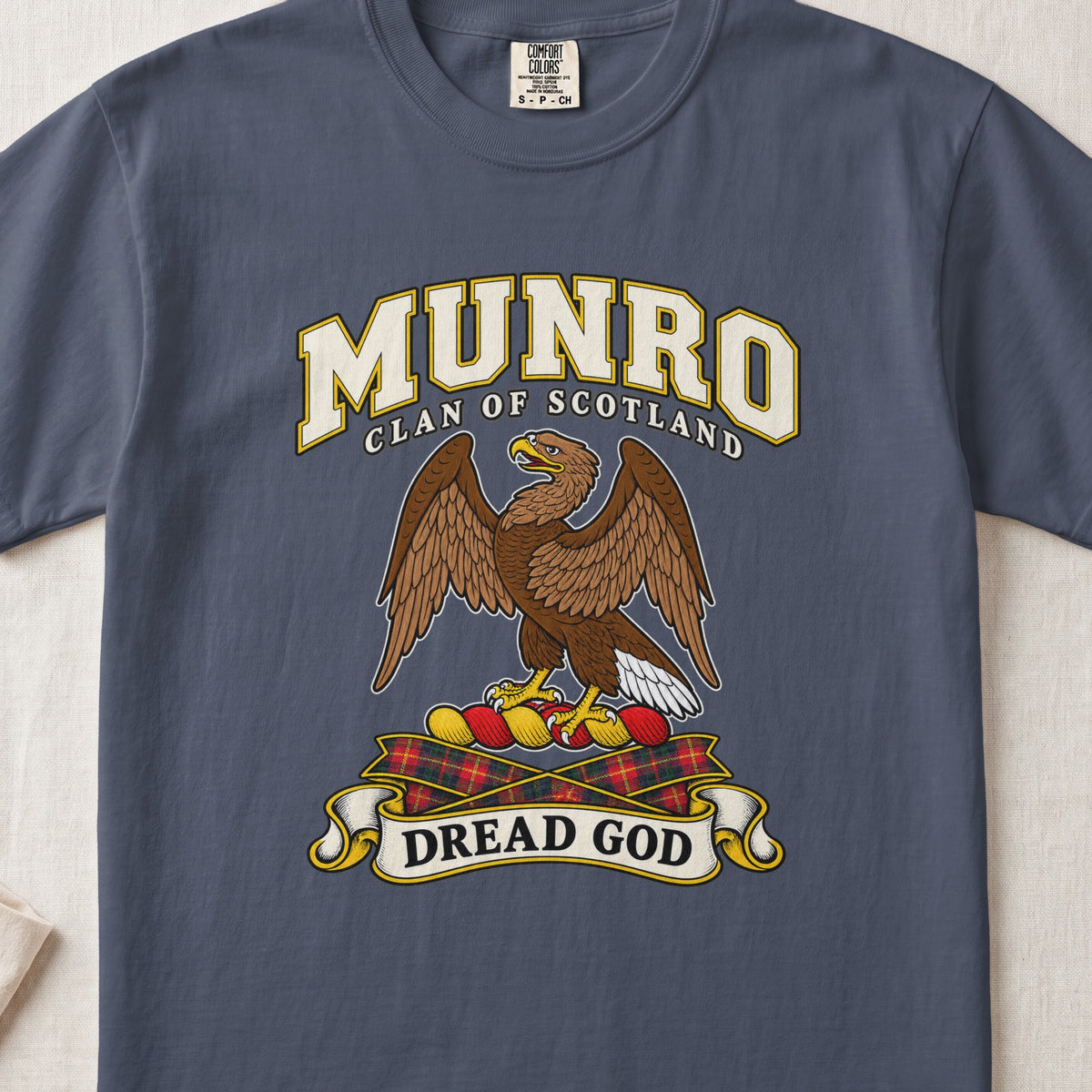 Munro Scottish clan T-shirt in Midnight, front view with a brown eagle with spread wings and motto banner.