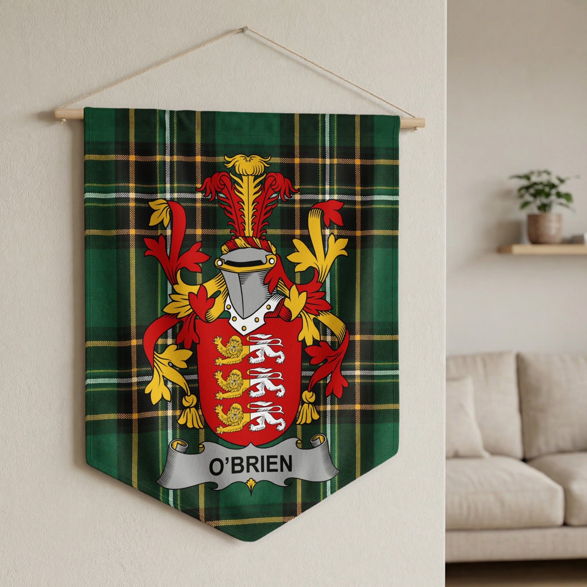 O'Brien family crest on green tartan banner hanging from wooden rod