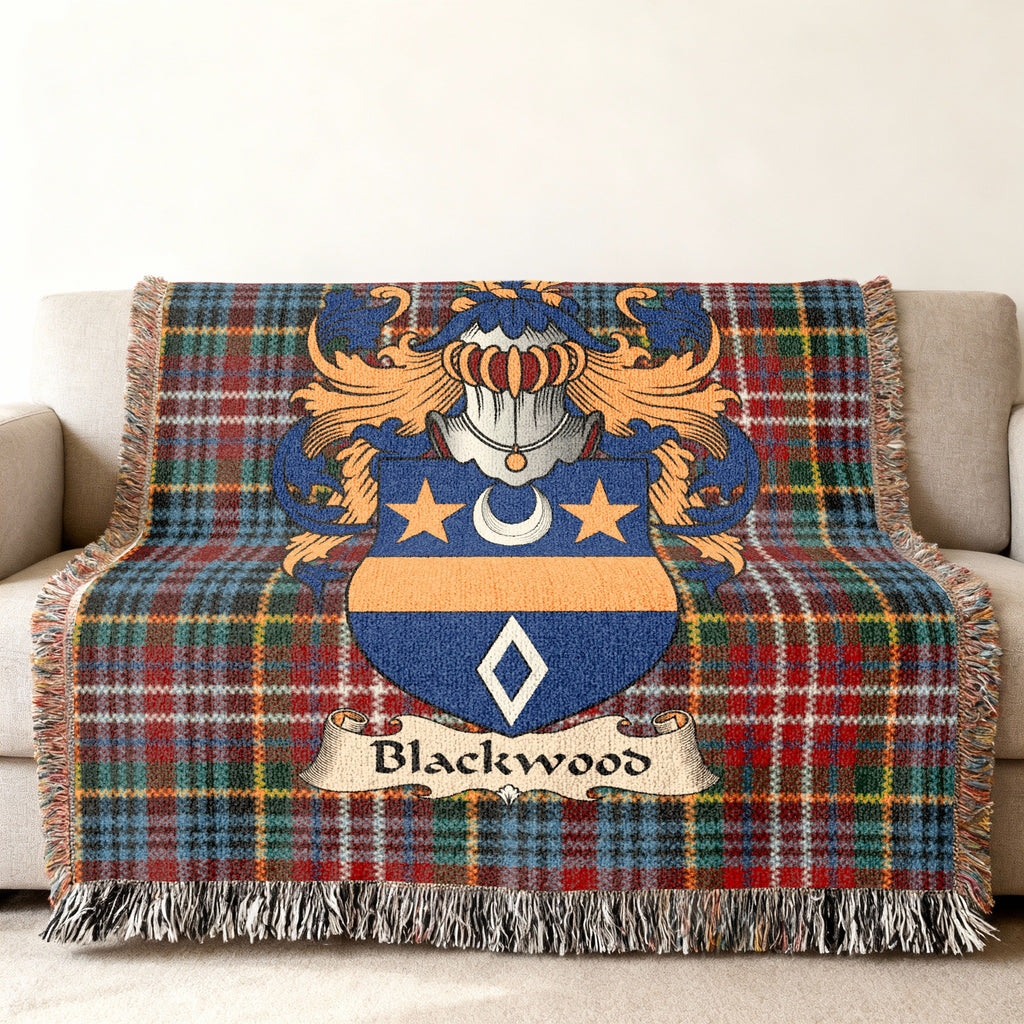Blackwood Scottish family shield woven blanket on a Caledonia tartan background