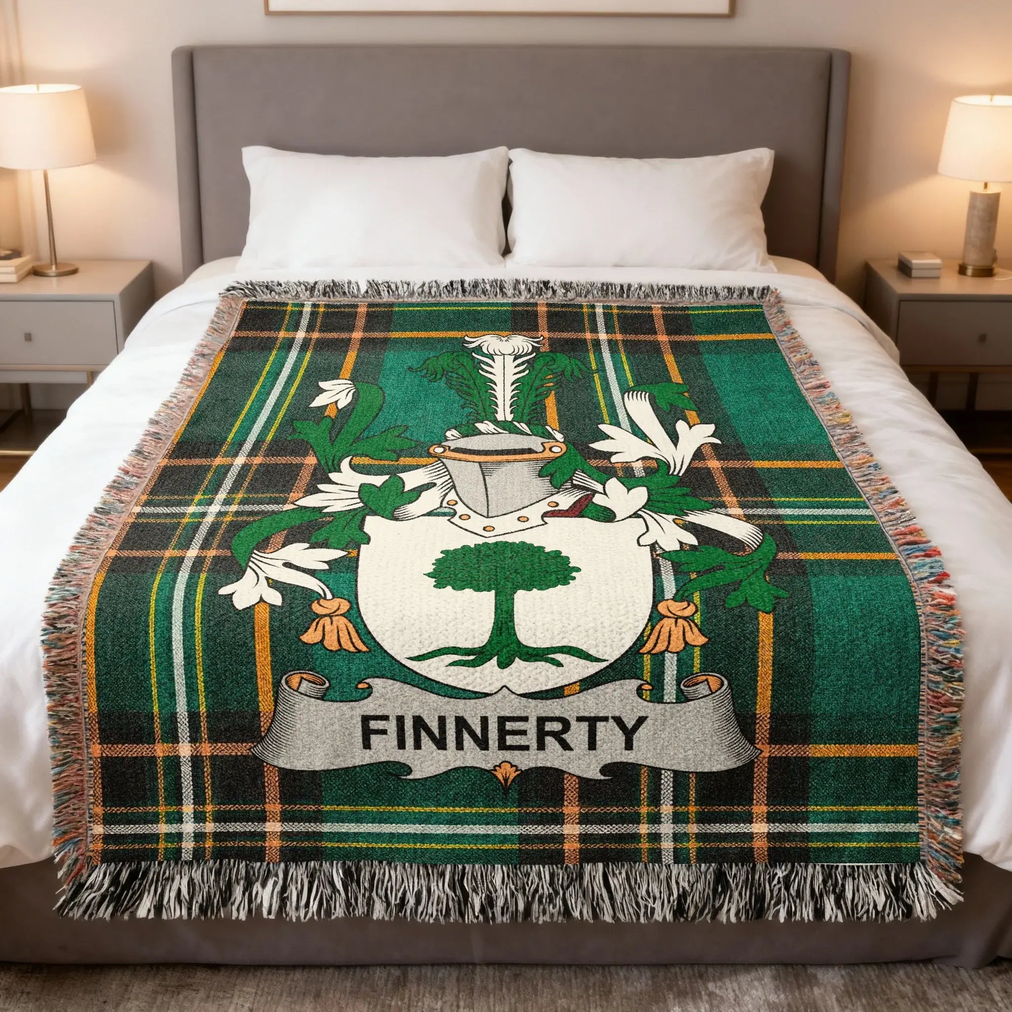 Finnerty Family Crest Green Tartan Plaid Throw