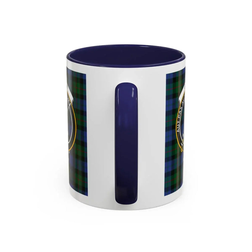 Gunn clan tartan plaid pattern ceramic mug — blue and white plaid with sword crest design
