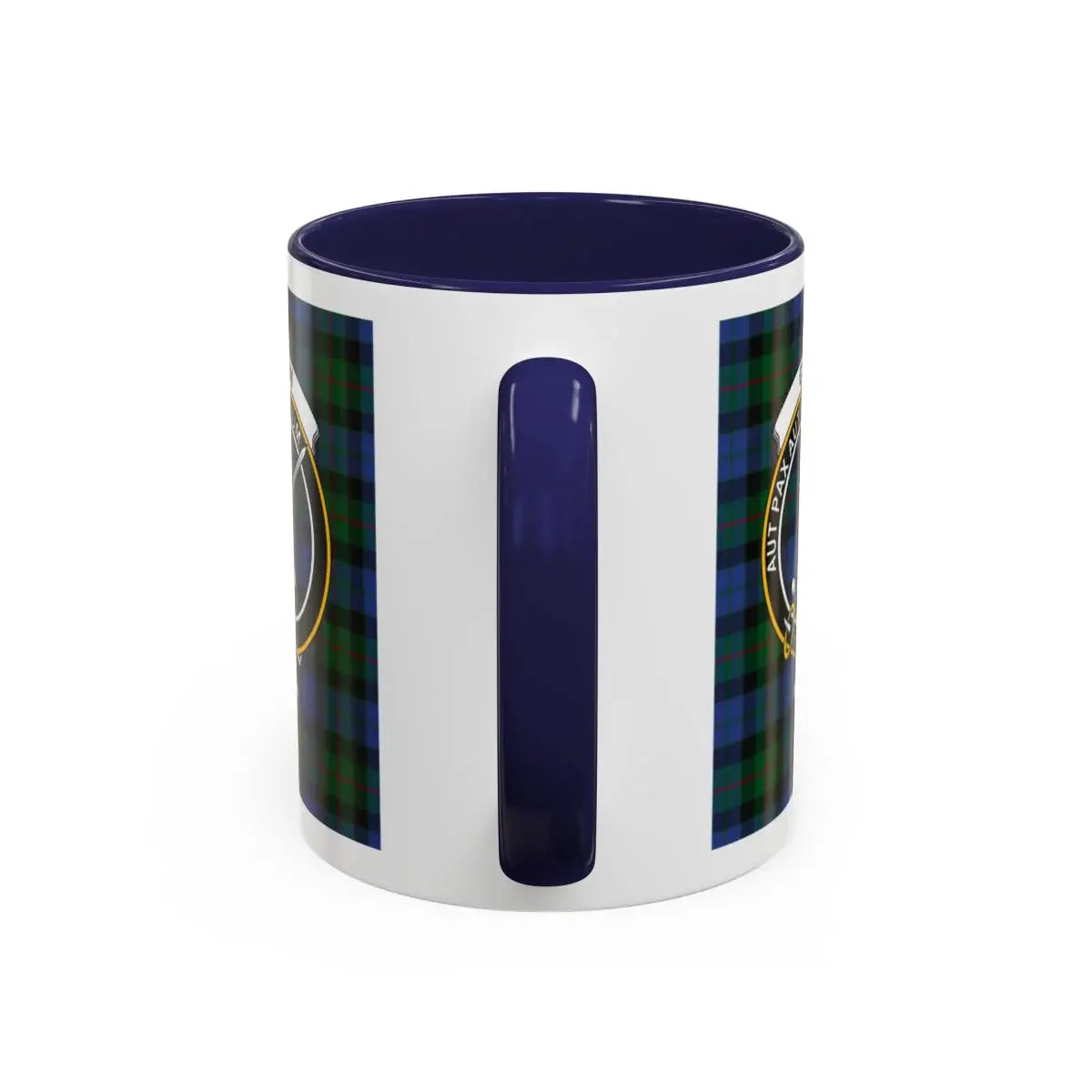 Gunn clan tartan plaid pattern ceramic mug — blue and white plaid with sword crest design