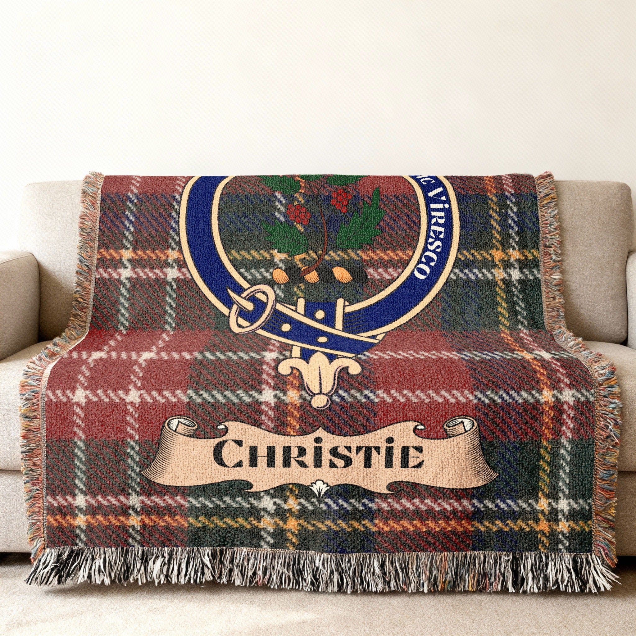 Christie name scroll and clan crest woven into tartan blanket