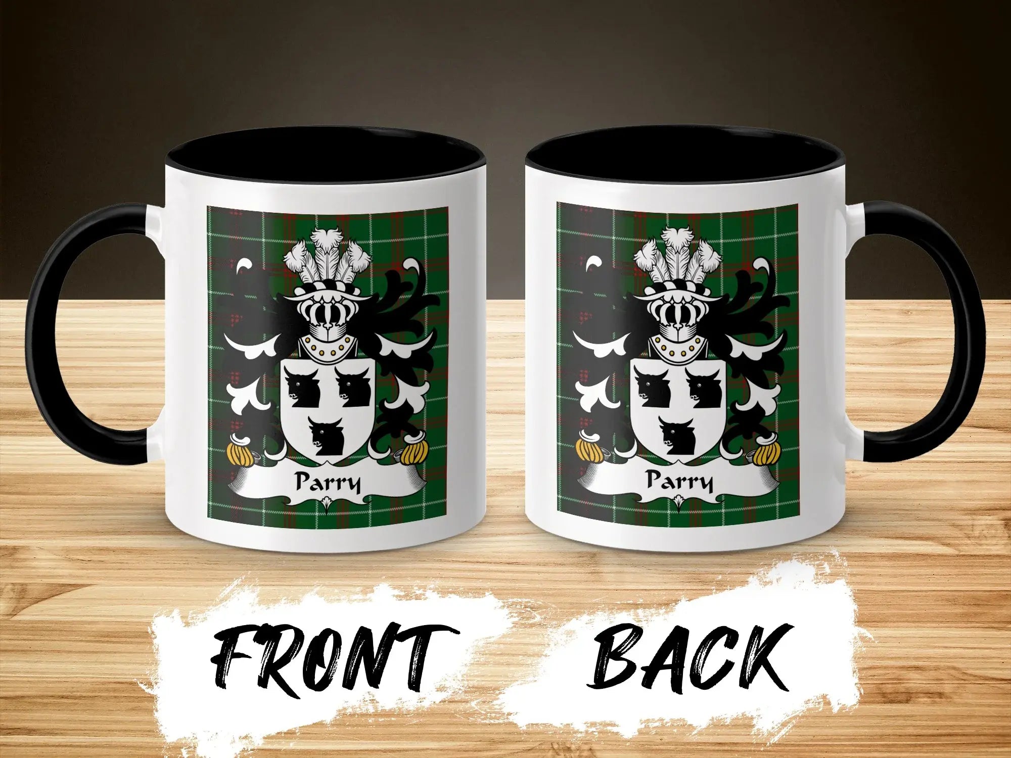 Parry Welsh surname coffee mug front and back view showing family crest on tartan