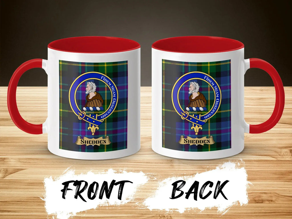 Shedden tartan-background crest mug shown as a Scottish heritage gift