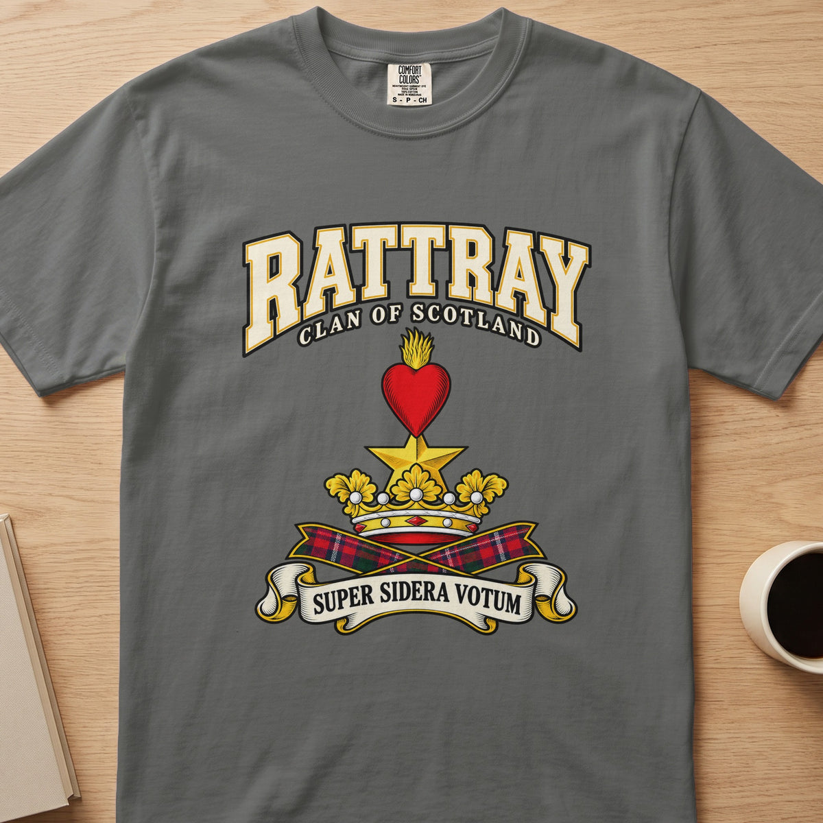 Rattray clan T-shirt in gray, front view with red heart above a gold star and crown