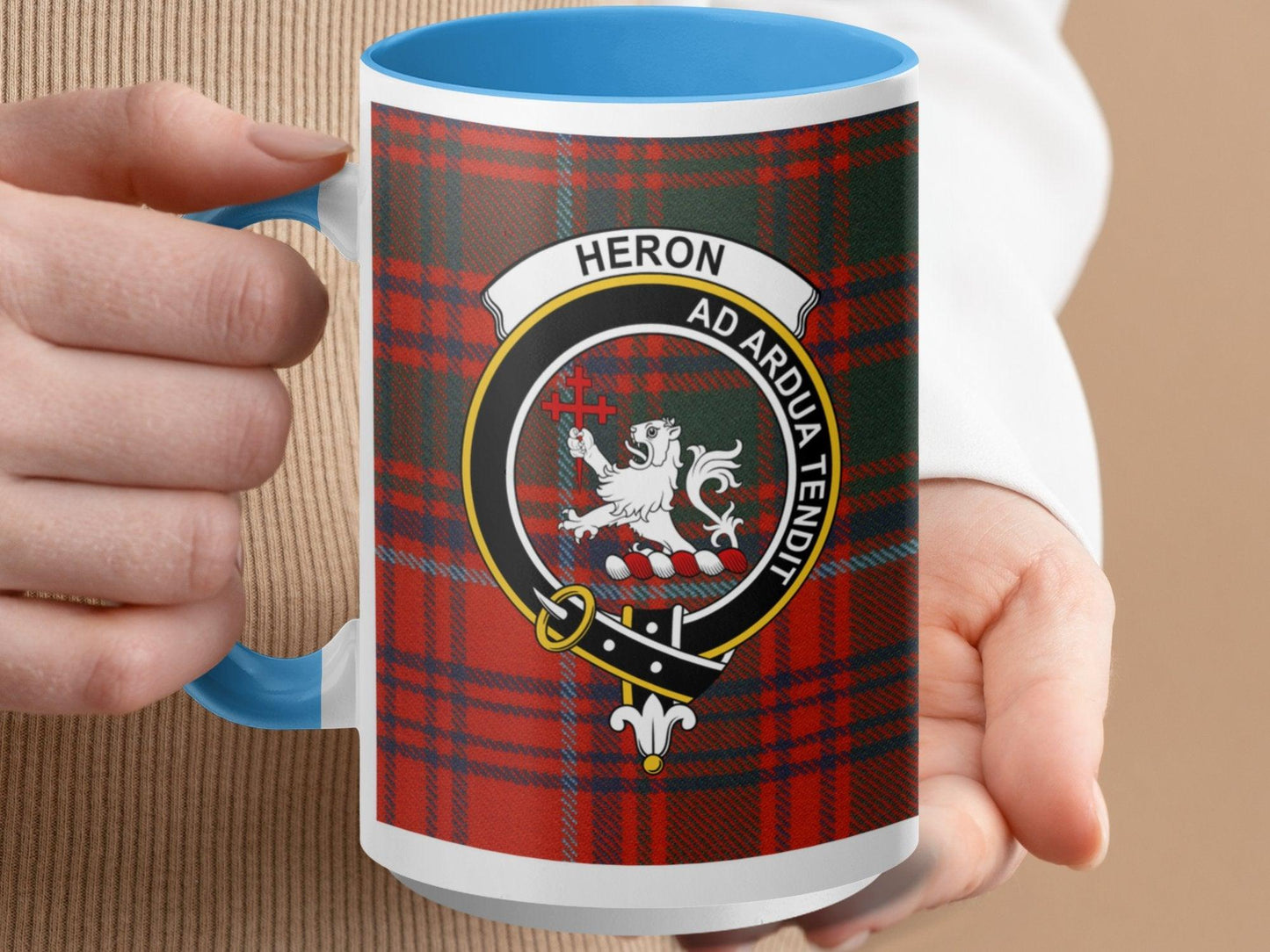 Scottish Clan Heron Crest Badge on Tartan Plaid Mug - Living Stone Gifts