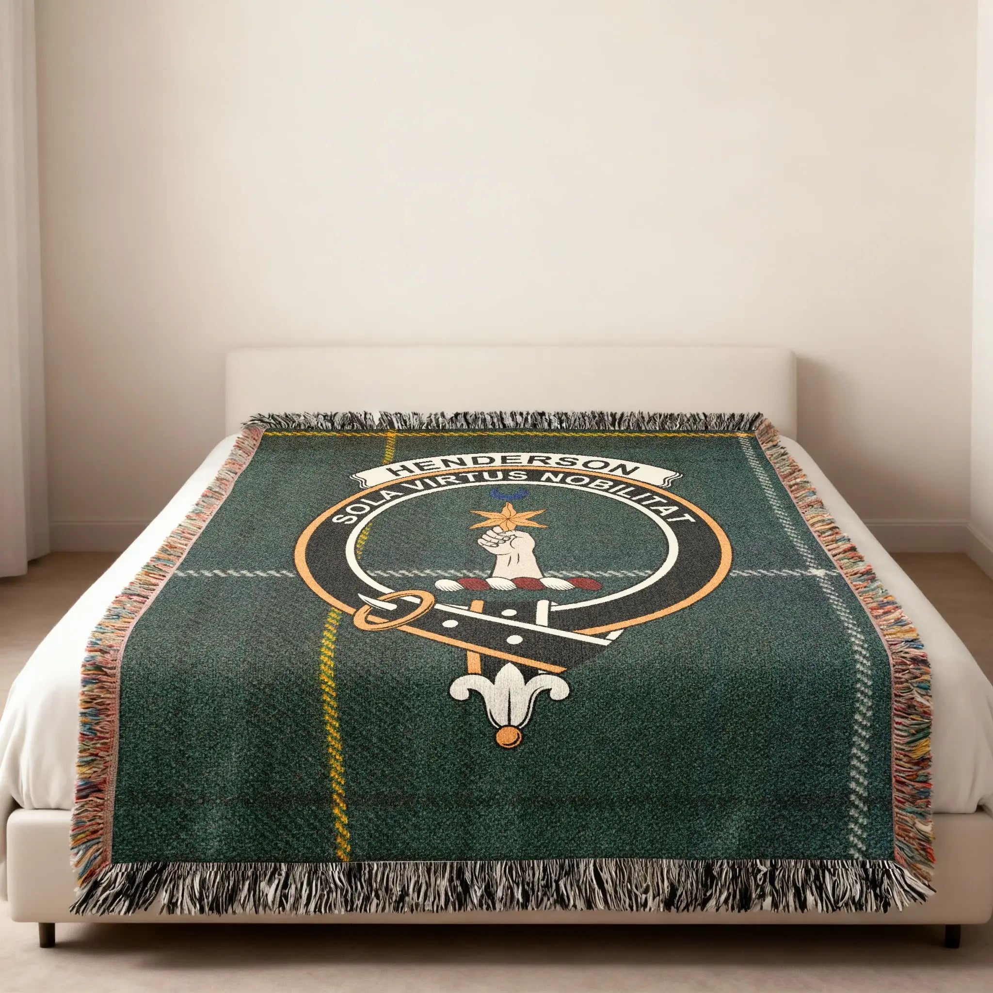 Henderson Sola Virtus Nobilitat crest woven blanket — heraldic design at centre, fringe edge visible