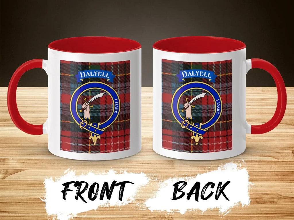Dalyell tartan-background crest mug shown as a Scottish heritage gift