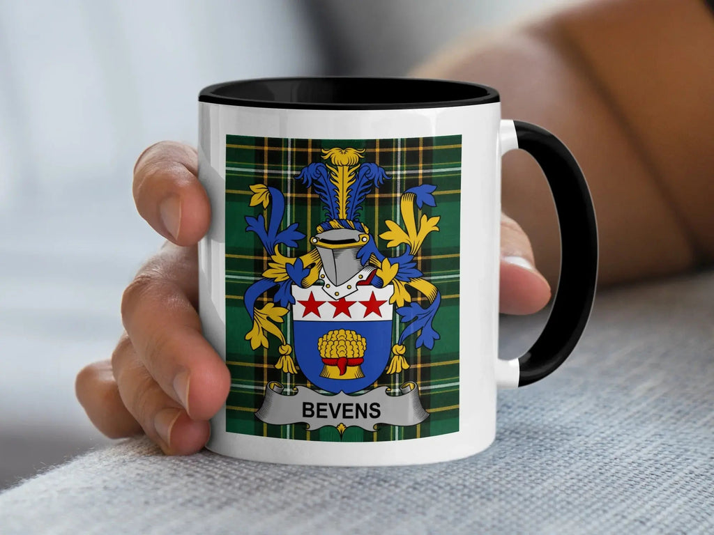 Bevens Irish family crest accent mug with black handle on Irish National Tartan