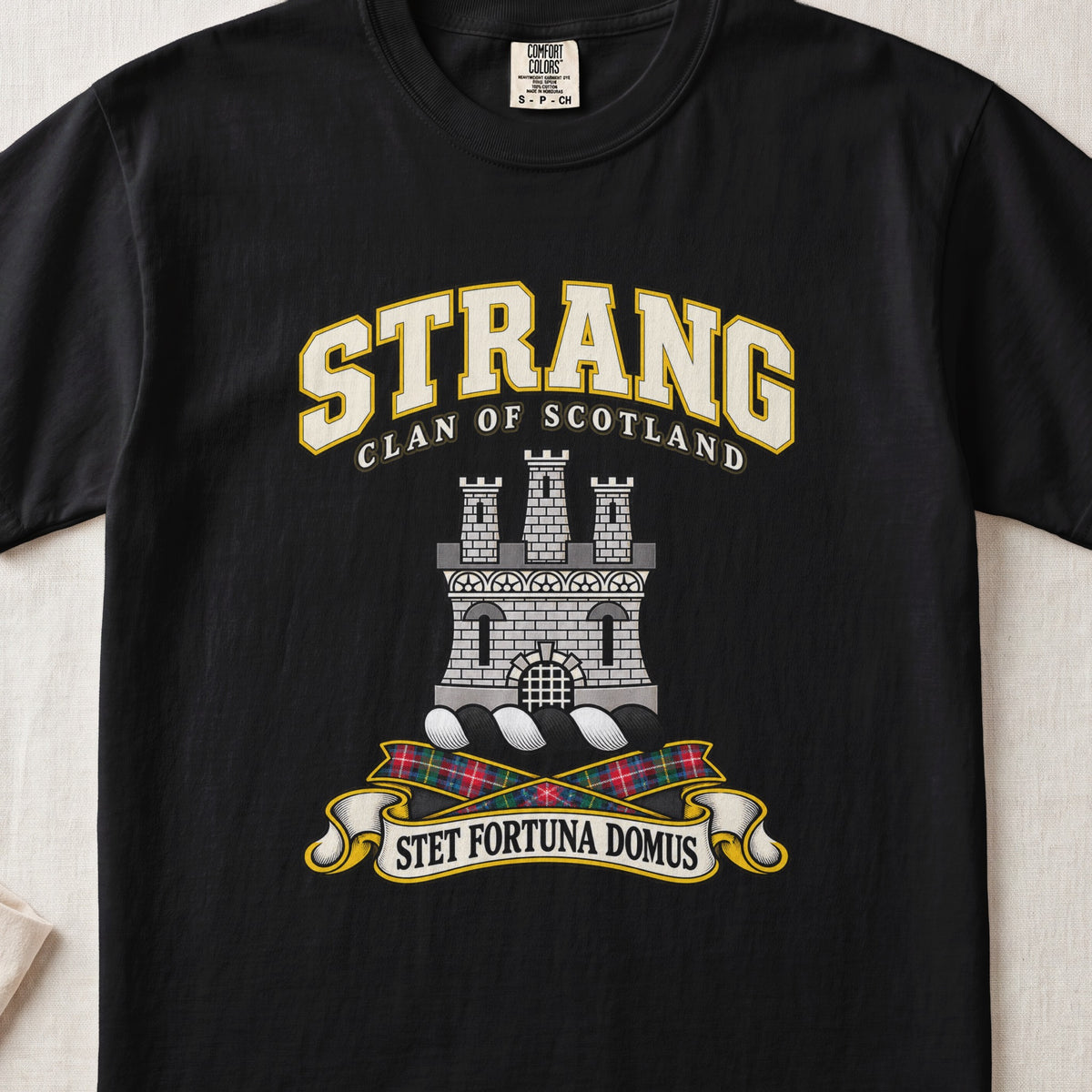 Strang Scottish clan T-shirt in Black, front view with a silver three-towered castle and motto design.